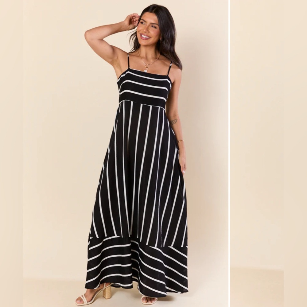 PINK LILY Come Sail Away Black and White Striped Maxi Dress